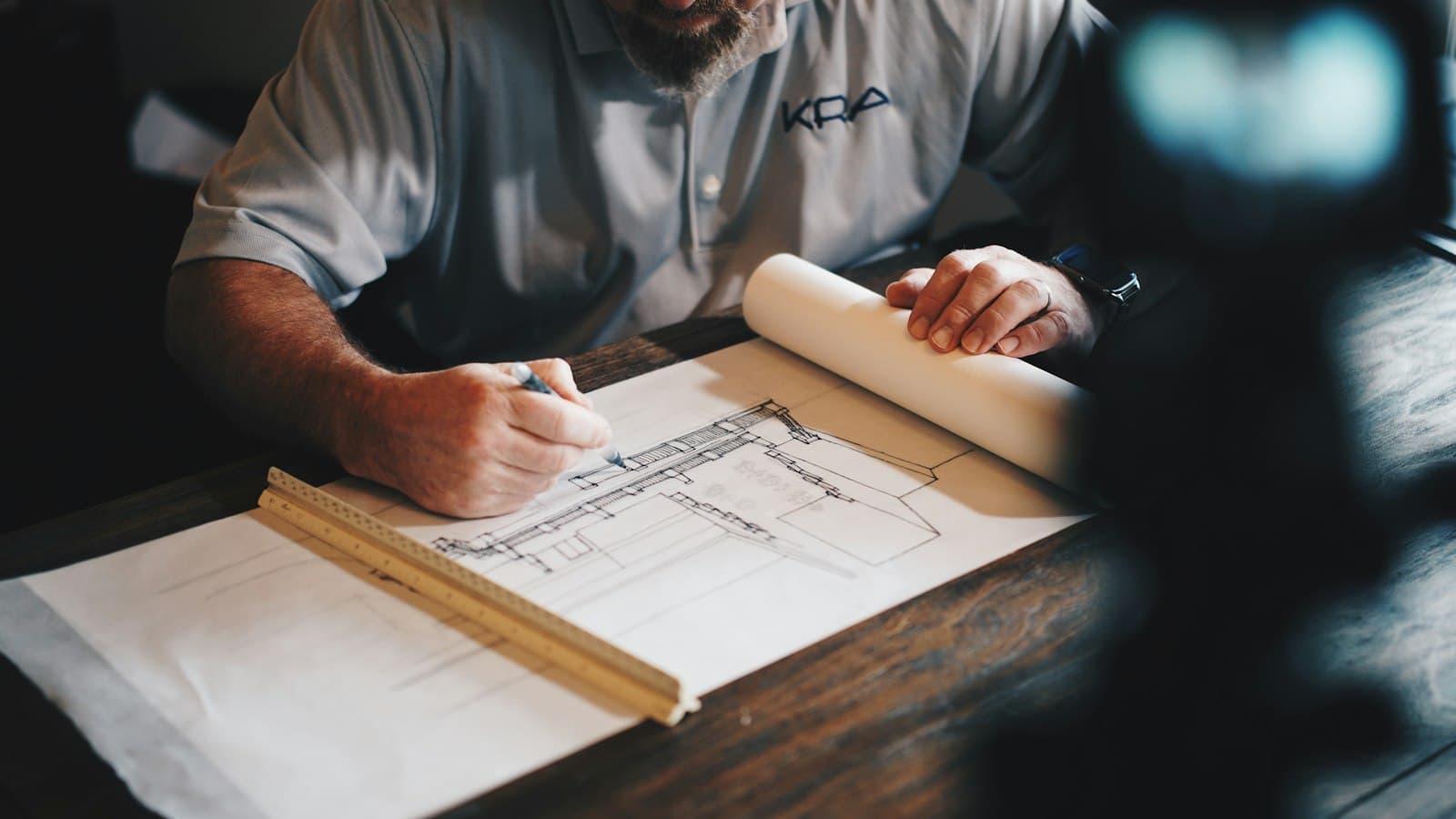 Architectural drawings spread on a work table